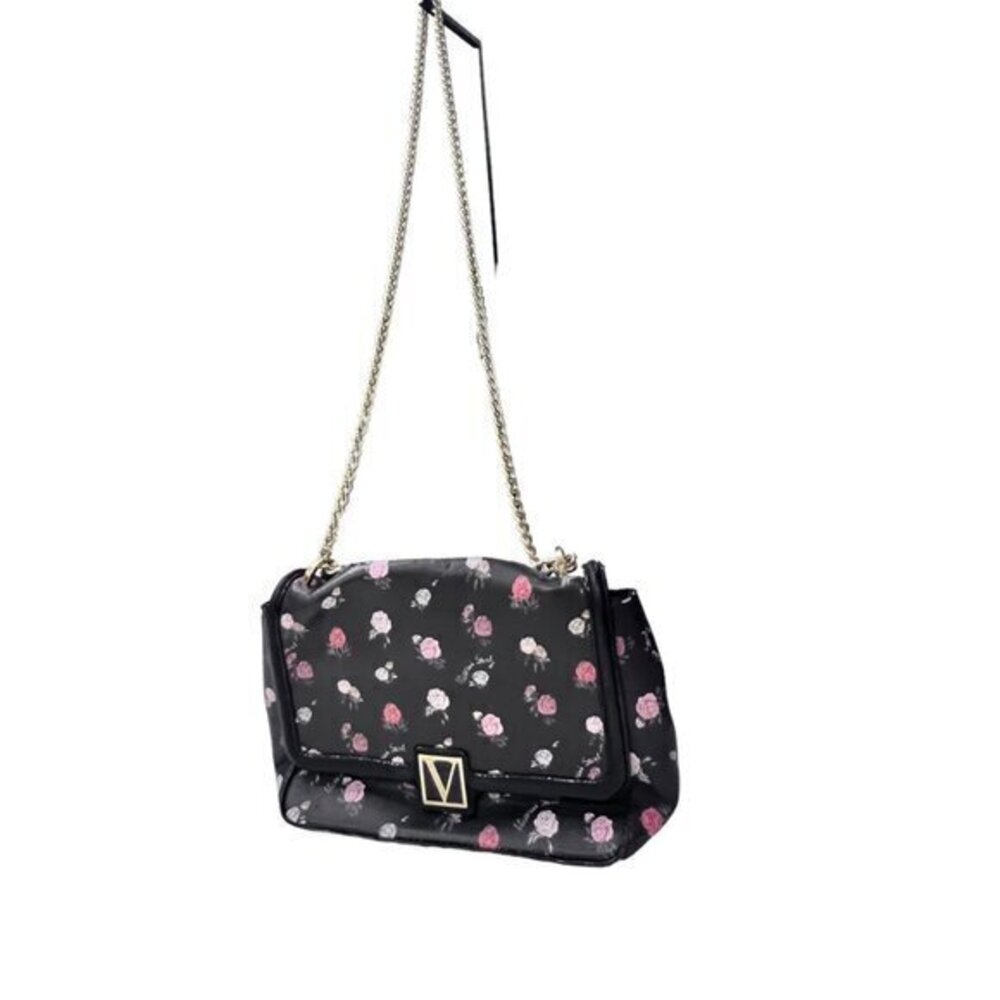 Victoria's Secret Crossbody Shoulder Bag Gold Chain Black Ditsy Floral Magnetic - Picture 2 of 10